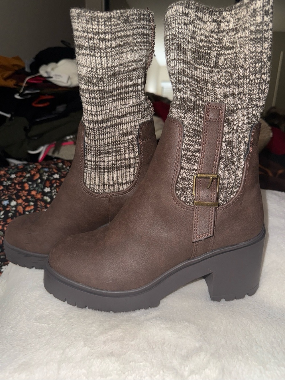 Soda Brown Knit Cuff Block Heel Ankle Boots